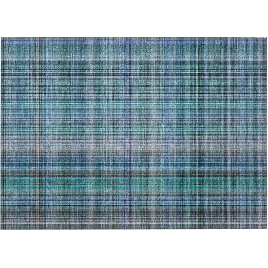 Blue Teal and Gray Plaid Washable Non Skid Indoor Outdoor Area Rug Photo 4