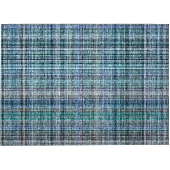 Blue Teal and Gray Plaid Washable Non Skid Indoor Outdoor Area Rug Photo 5