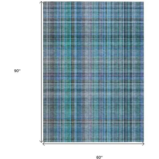 Blue Teal and Gray Plaid Washable Non Skid Indoor Outdoor Area Rug Photo 3