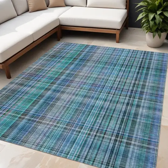 Blue Teal and Gray Plaid Washable Non Skid Indoor Outdoor Area Rug Photo 1