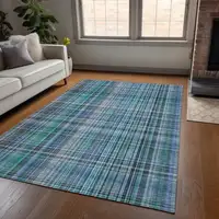 Photo of Teal Plaid Washable Non Skid Indoor Outdoor Area Rug