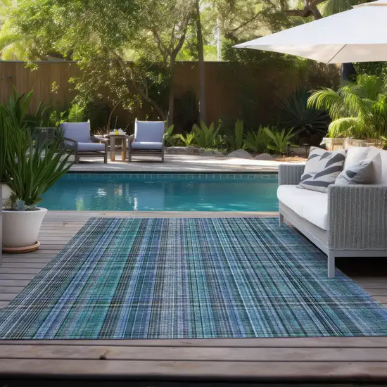 Teal Plaid Washable Non Skid Indoor Outdoor Area Rug Photo 9