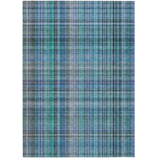 Blue Teal and Gray Plaid Washable Non Skid Indoor Outdoor Area Rug Photo 2