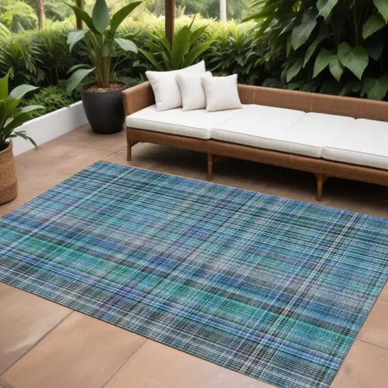 Blue Teal and Gray Plaid Washable Non Skid Indoor Outdoor Area Rug Photo 1