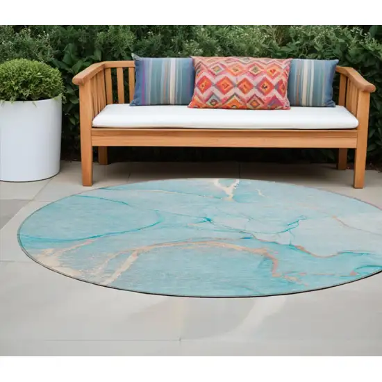 Teal Round Abstract Washable Indoor Outdoor Area Rug Photo 1