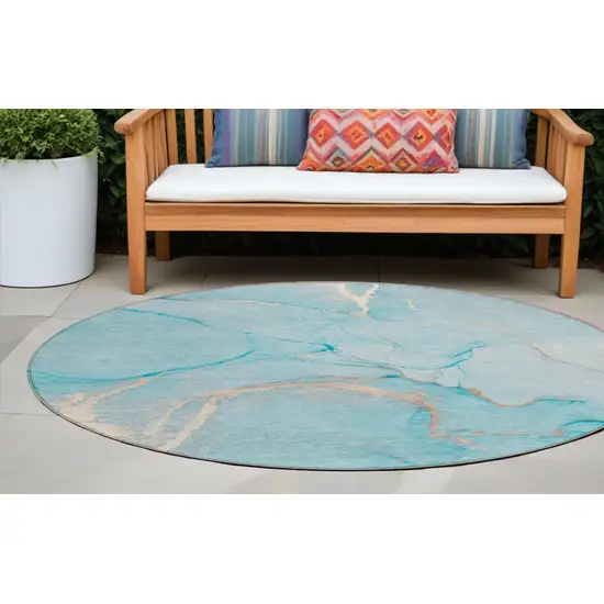 Teal Round Abstract Washable Indoor Outdoor Area Rug Photo 1