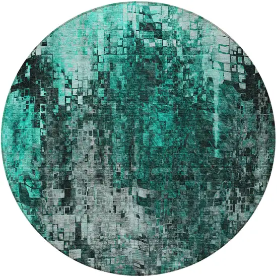 Teal Round Abstract Washable Non Skid Indoor Outdoor Area Rug Photo 4