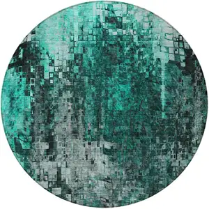 Photo of Teal Round Abstract Washable Non Skid Indoor Outdoor Area Rug