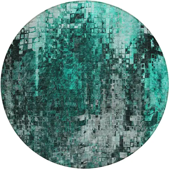 Teal Round Abstract Washable Non Skid Indoor Outdoor Area Rug Photo 1