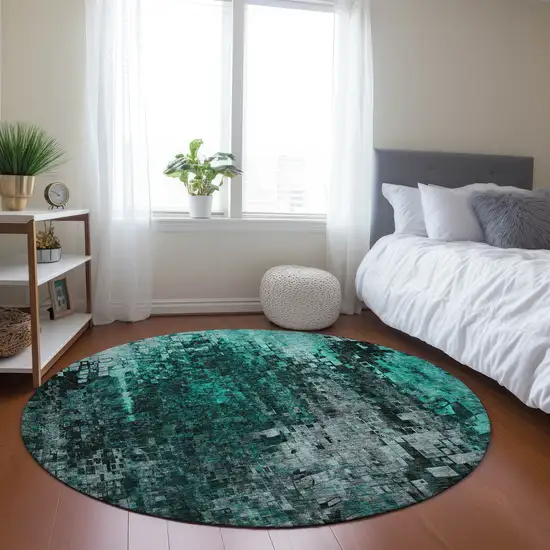 Teal Round Abstract Washable Non Skid Indoor Outdoor Area Rug Photo 6