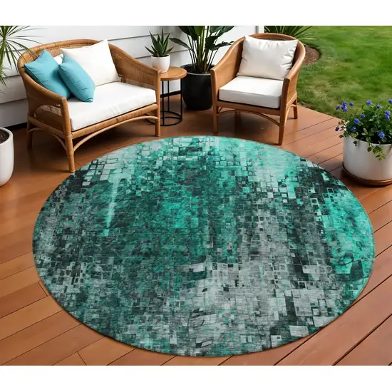 Teal Round Abstract Washable Non Skid Indoor Outdoor Area Rug Photo 9