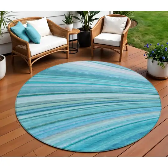 Teal Round Abstract Washable Non Skid Indoor Outdoor Area Rug Photo 1