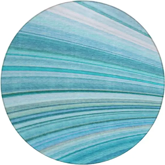 Teal Round Abstract Washable Non Skid Indoor Outdoor Area Rug Photo 2