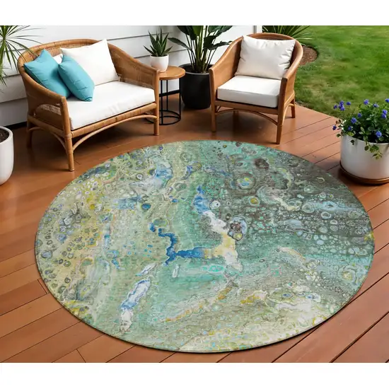 Teal Round Abstract Washable Non Skid Indoor Outdoor Area Rug Photo 1