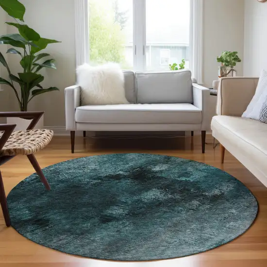 Teal Round Abstract Washable Non Skid Indoor Outdoor Area Rug Photo 7