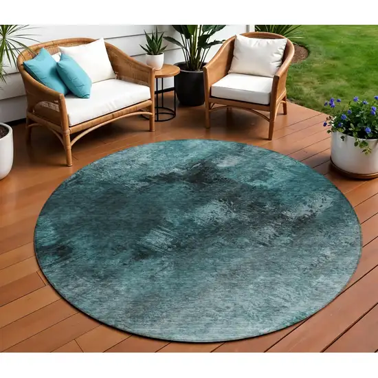 Teal Round Abstract Washable Non Skid Indoor Outdoor Area Rug Photo 1