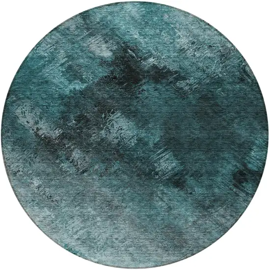 Teal Round Abstract Washable Non Skid Indoor Outdoor Area Rug Photo 6