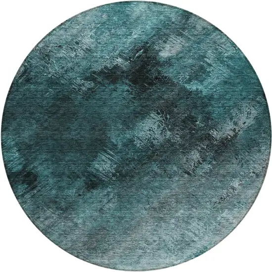 Teal Round Abstract Washable Non Skid Indoor Outdoor Area Rug Photo 2