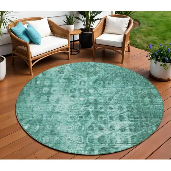 Teal Round Ikat Washable Non Skid Indoor Outdoor Area Rug Photo 1