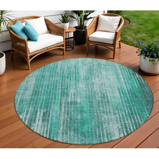 Teal Round Striped Washable Non Skid Indoor Outdoor Area Rug Photo 1