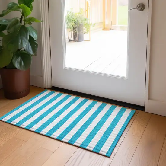 Teal Striped Washable Non Skid Indoor Outdoor Area Rug Photo 7