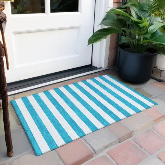 Teal Striped Washable Non Skid Indoor Outdoor Area Rug Photo 6