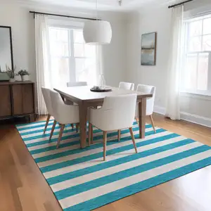 Photo of Teal Striped Washable Non Skid Indoor Outdoor Area Rug