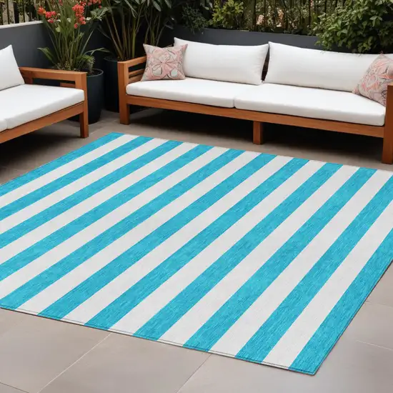 Teal and White Striped Washable Indoor Outdoor Area Rug Photo 1