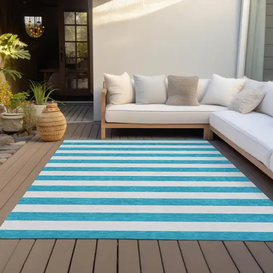 Teal Striped Washable Non Skid Indoor Outdoor Area Rug Photo 9