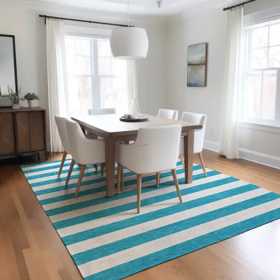 Teal and White Striped Washable Indoor Outdoor Area Rug Photo 8