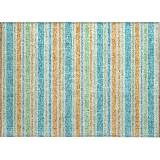 Teal Striped Washable Non Skid Indoor Outdoor Area Rug Photo 2