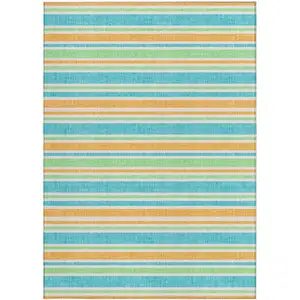 Photo of Teal Striped Washable Non Skid Indoor Outdoor Area Rug