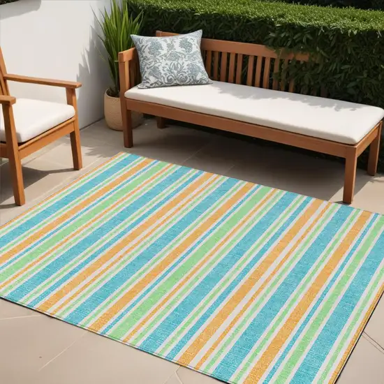 Teal Yellow and Green Striped Washable Non Skid Indoor Outdoor Area Rug Photo 1