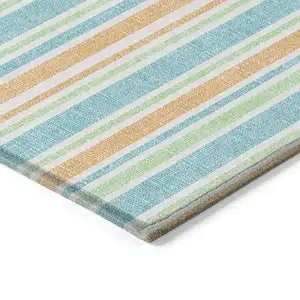 Photo of Teal Striped Washable Non Skid Indoor Outdoor Area Rug