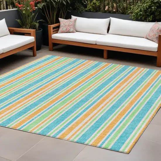 Teal Yellow and Green Striped Washable Non Skid Indoor Outdoor Area Rug Photo 1