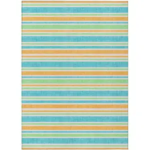 Photo of Teal Striped Washable Non Skid Indoor Outdoor Area Rug