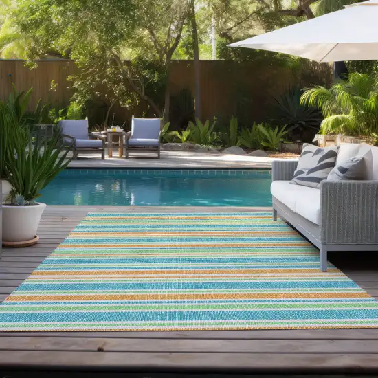 Teal Striped Washable Non Skid Indoor Outdoor Area Rug Photo 9