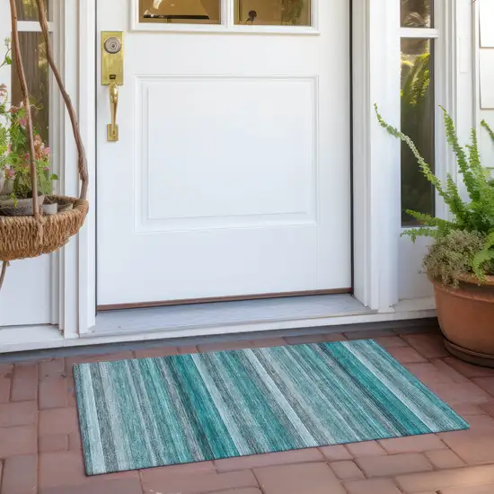 Teal Striped Washable Non Skid Indoor Outdoor Area Rug Photo 8