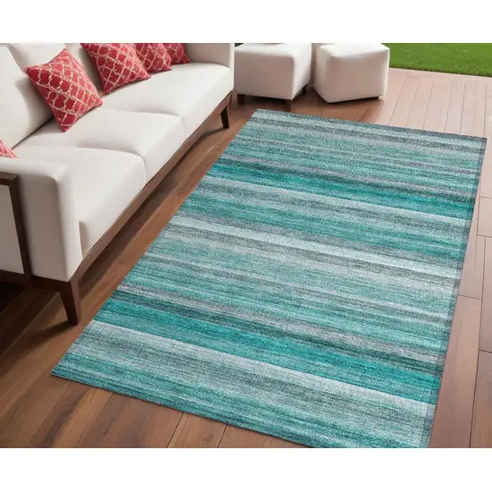 Teal Striped Washable Non Skid Indoor Outdoor Area Rug Photo 1