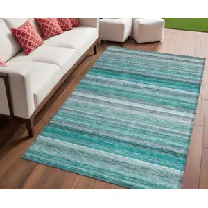 Photo of Teal Striped Washable Non Skid Indoor Outdoor Area Rug