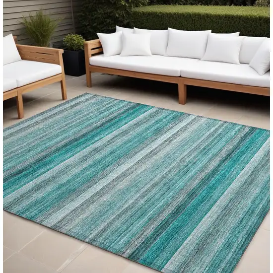 Teal Striped Washable Non Skid Indoor Outdoor Area Rug Photo 1