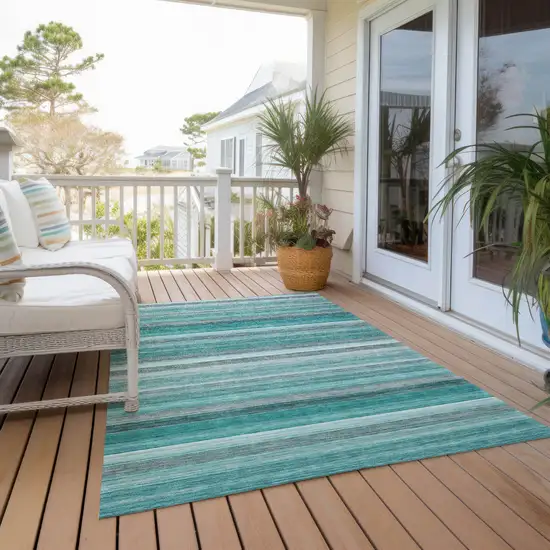 Teal Striped Washable Non Skid Indoor Outdoor Area Rug Photo 8