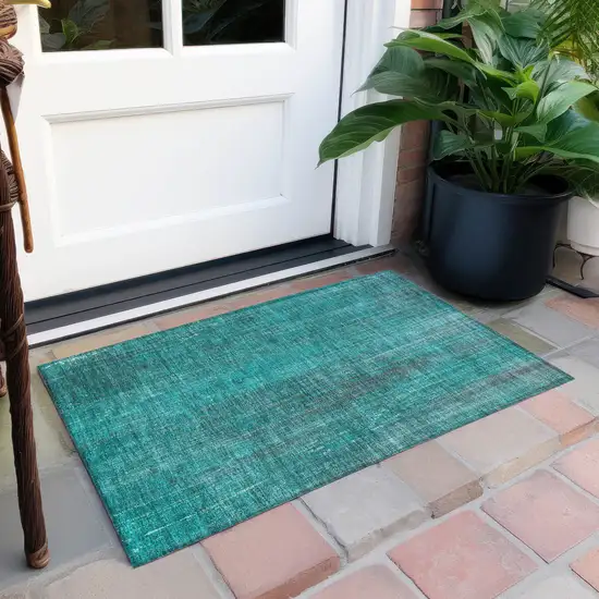 Teal Striped Washable Non Skid Indoor Outdoor Area Rug Photo 8