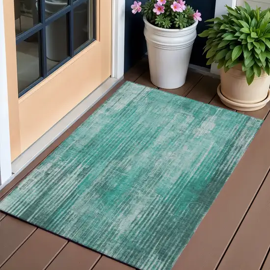 Teal Striped Washable Non Skid Indoor Outdoor Area Rug Photo 1