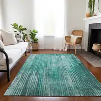 Photo of Teal Striped Washable Non Skid Indoor Outdoor Area Rug