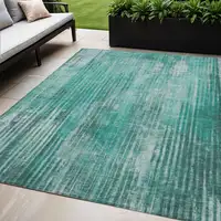 Photo of Teal Striped Washable Non Skid Indoor Outdoor Area Rug