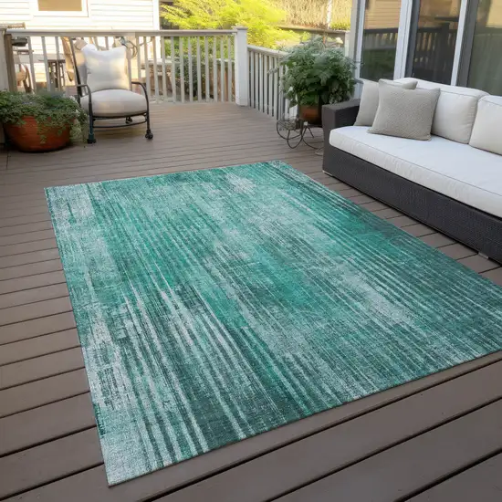 Teal Striped Washable Non Skid Indoor Outdoor Area Rug Photo 7