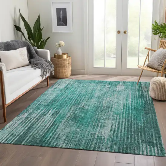 Teal Striped Washable Non Skid Indoor Outdoor Area Rug Photo 8