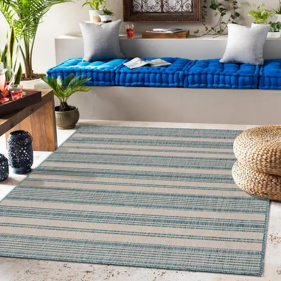 Teal Uneven Stripe Indoor Outdoor Area Rug Photo 8