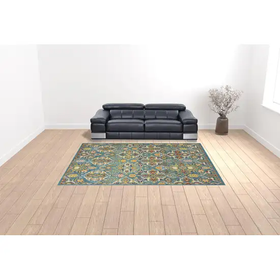 Teal and Gold Floral Power Loom Area Rug Photo 2